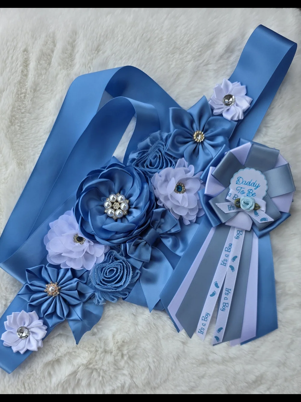 Blue Satin Floral Baby Shower Sash with Matching Rosette